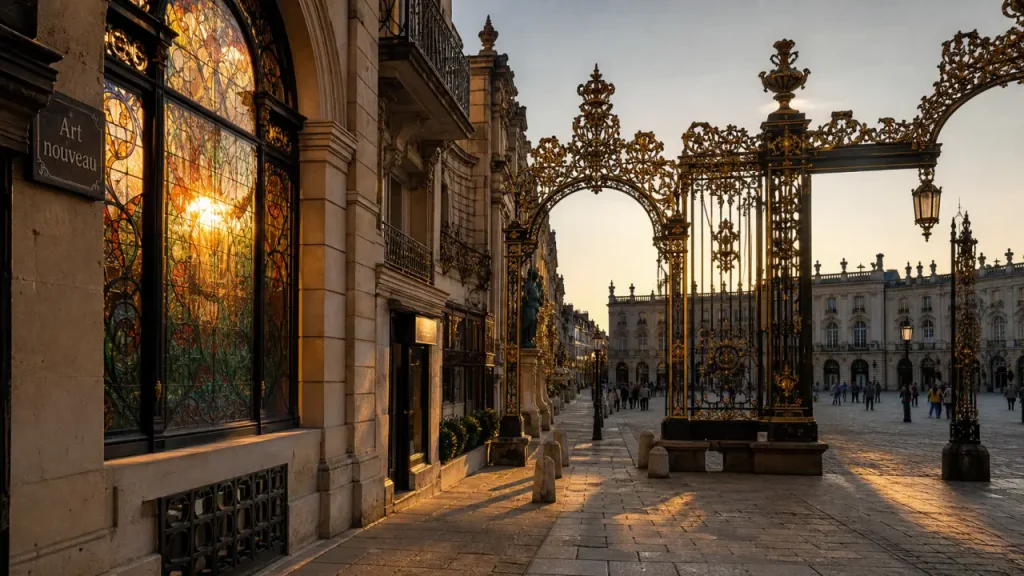 Nancy culture : Place Stanislas Art nouveau, grilles dorées au coucher du soleil