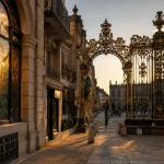 Nancy culture : Place Stanislas Art nouveau, grilles dorées au coucher du soleil
