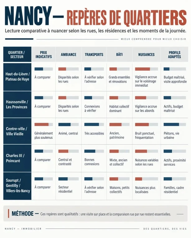 Infographie sur les quartiers de Nancy à éviter et les critères de vigilance selon les secteurs