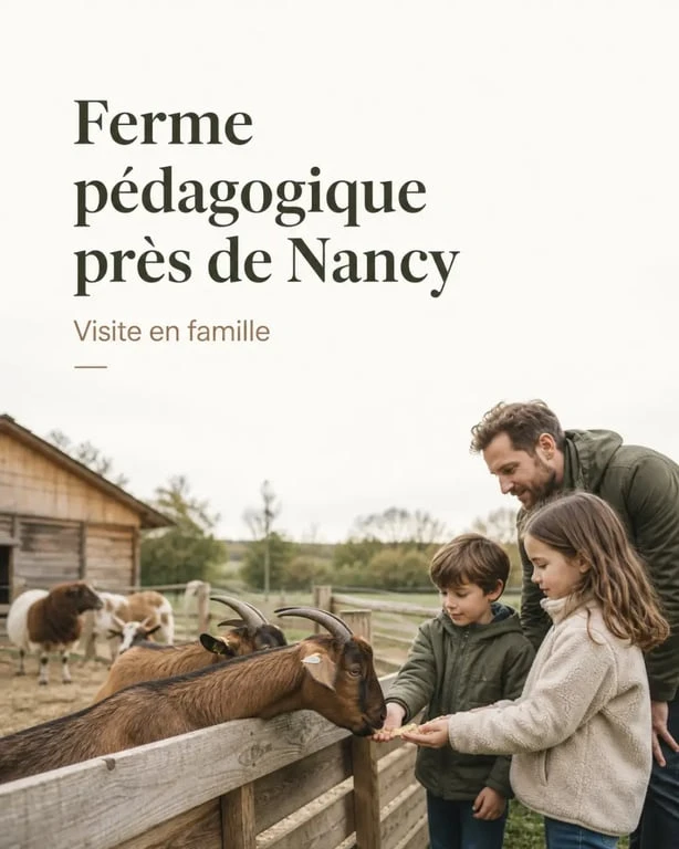 Ferme a visiter nancy : famille et enfants nourrissant des chèvres dans une ferme pédagogique