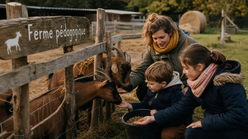 Ferme a visiter nancy : enfants nourrissent et brossent des chèvres en ferme pédagogique près de Nancy