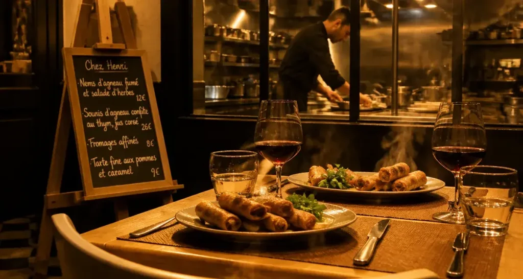 Restaurant chez henri nancy : table avec nems et chef en cuisine