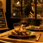 Restaurant chez henri nancy : table avec nems et chef en cuisine
