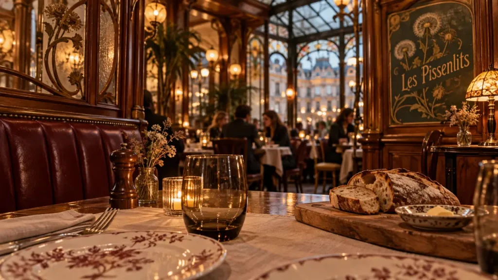 restaurant les pissenlits nancy : intérieur brasserie chic, table et assiettes