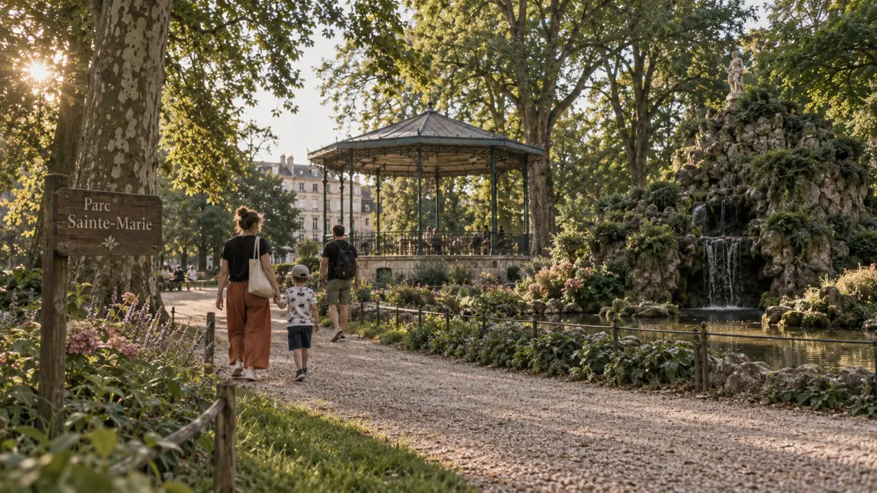 Parc Sainte Marie de Nancy, sentier et kiosque à musique, parc paysager